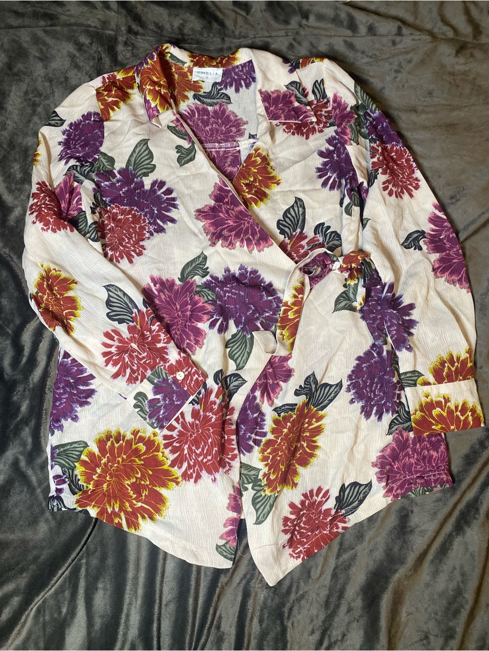 Timeless Floral Tie-Waist Blouse - White with Pink & Purple Flowers